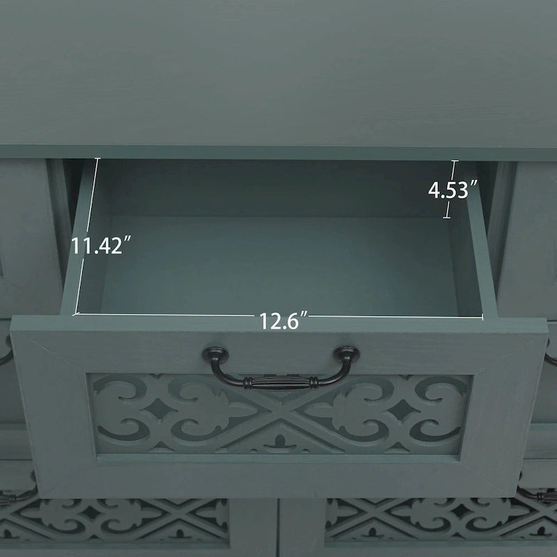 Cassettiera orizzontale a 7 cassetti in stile retrò con pannello dei cassetti intagliato e maniglia in metallo per camera da letto, soggiorno