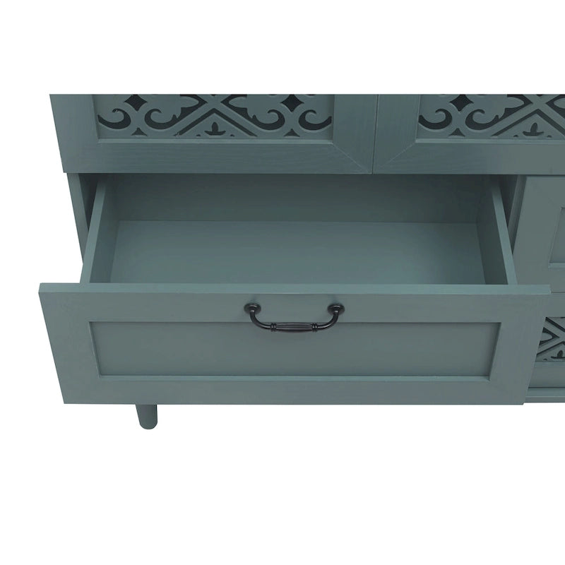 Cassettiera orizzontale a 7 cassetti in stile retrò con pannello dei cassetti intagliato e maniglia in metallo per camera da letto, soggiorno