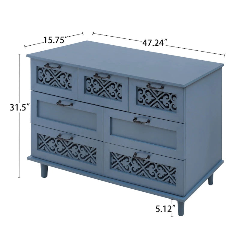 Cassettiera orizzontale a 7 cassetti in stile retrò con pannello dei cassetti intagliato e maniglia in metallo per camera da letto, soggiorno