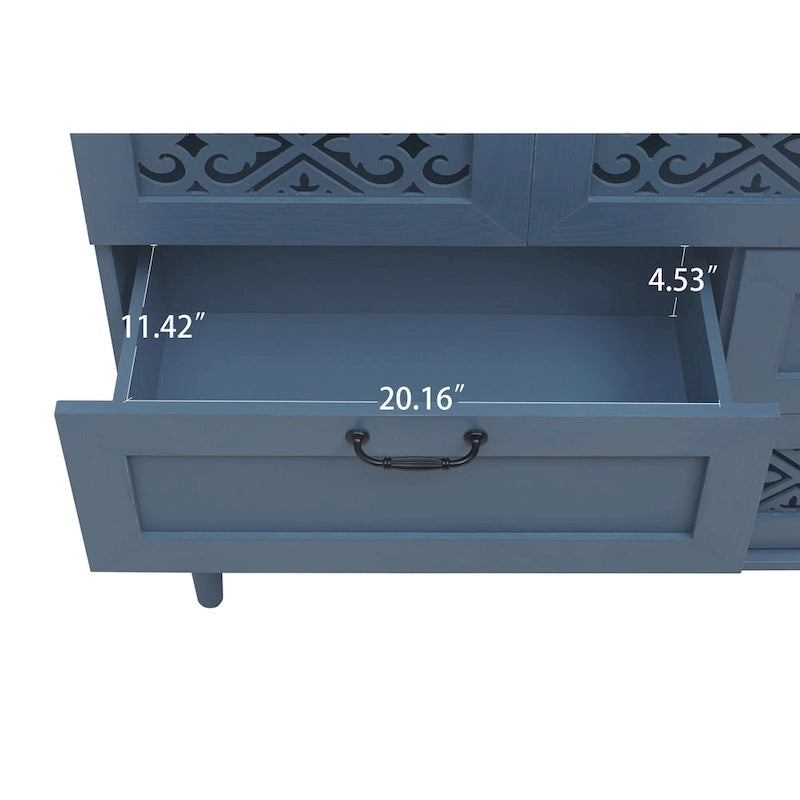 Cassettiera orizzontale a 7 cassetti in stile retrò con pannello dei cassetti intagliato e maniglia in metallo per camera da letto, soggiorno