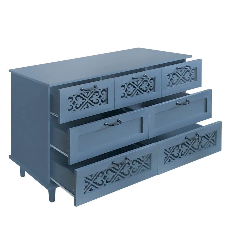 Cassettiera orizzontale a 7 cassetti in stile retrò con pannello dei cassetti intagliato e maniglia in metallo per camera da letto, soggiorno