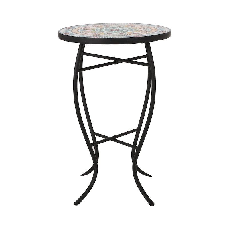 Tavolino da interno con piano in mosaico e struttura in metallo nero 15,75x22,25