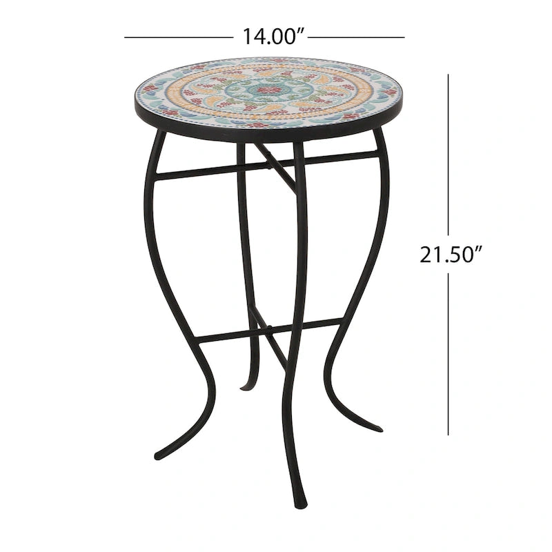 Tavolino da interno con piano in mosaico e struttura in metallo nero 15,75x22,25
