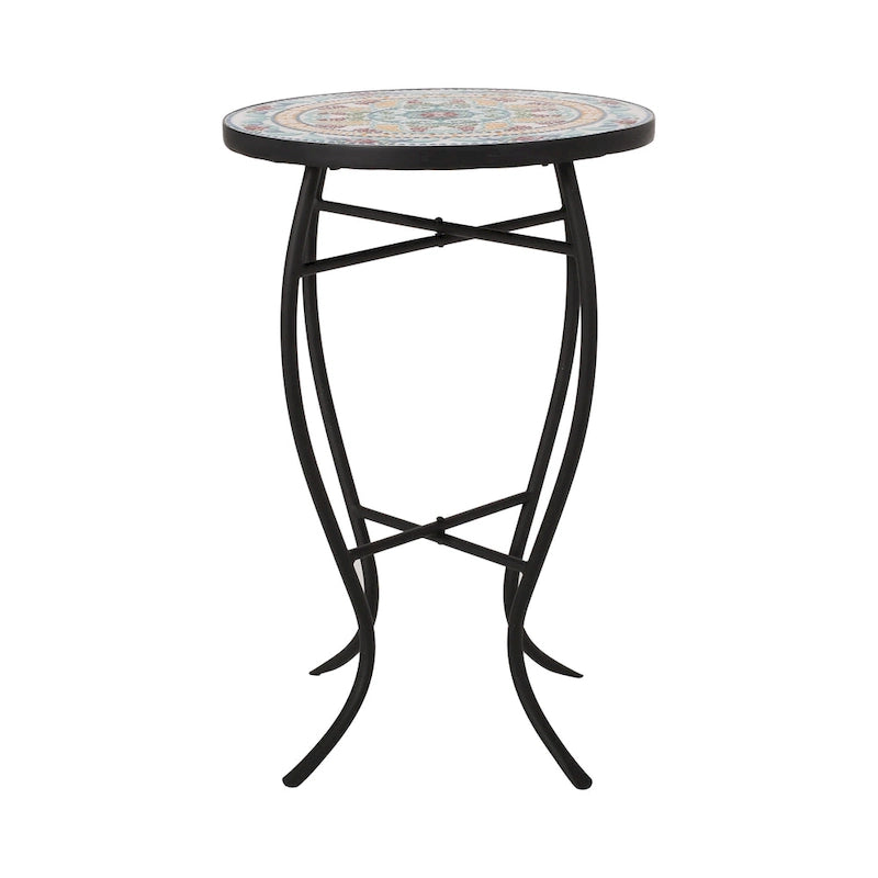 Tavolino da interno con piano in mosaico e struttura in metallo nero 15,75x22,25