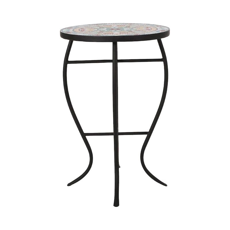 Tavolino da interno con piano in mosaico e struttura in metallo nero 15,75x22,25