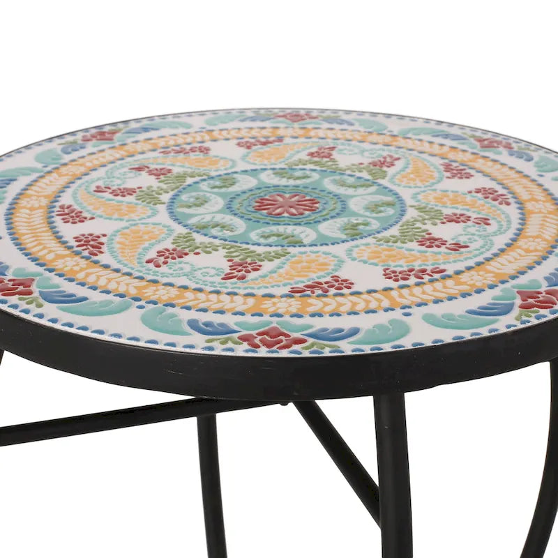 Tavolino da interno con piano in mosaico e struttura in metallo nero 15,75x22,25