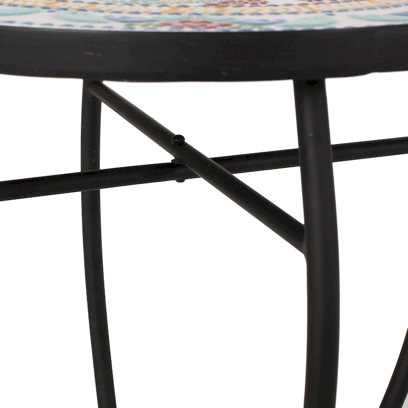 Tavolino da interno con piano in mosaico e struttura in metallo nero 15,75x22,25