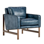 Poltrona Club in pelle blu con struttura in ottone 22W x 21D x 18.5H