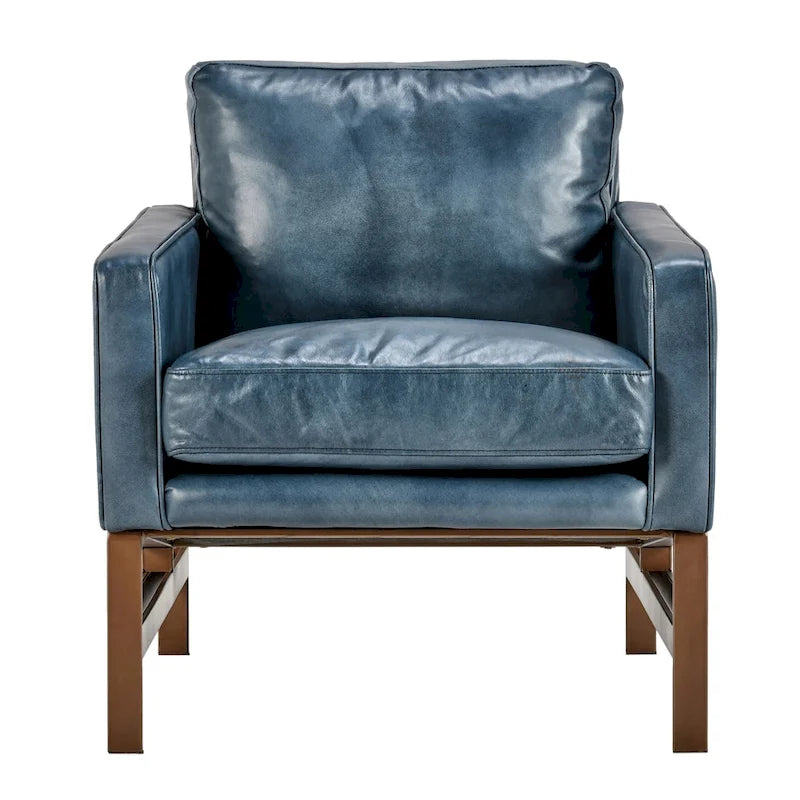 Poltrona Club in pelle blu con struttura in ottone 22W x 21D x 18.5H