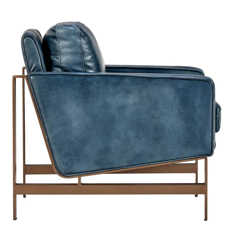 Poltrona Club in pelle blu con struttura in ottone 22W x 21D x 18.5H