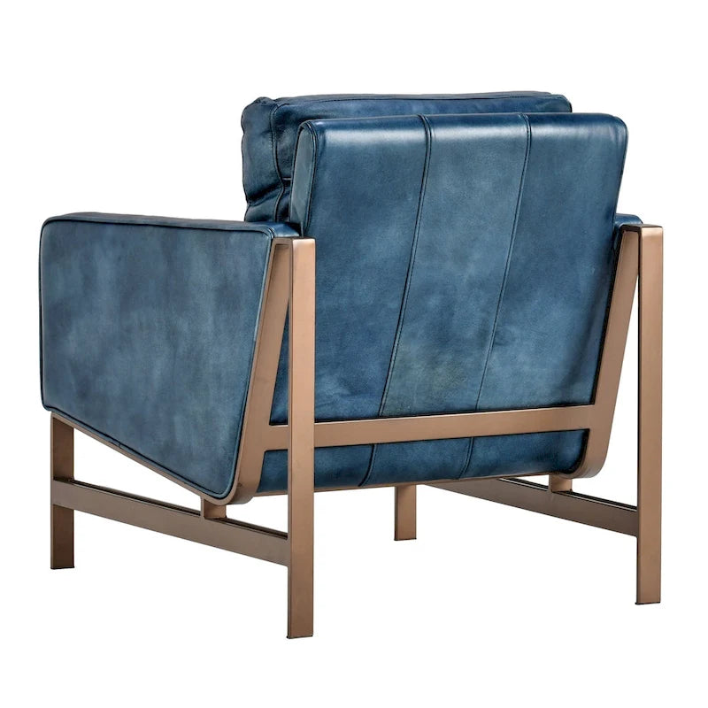 Poltrona Club in pelle blu con struttura in ottone 22W x 21D x 18.5H