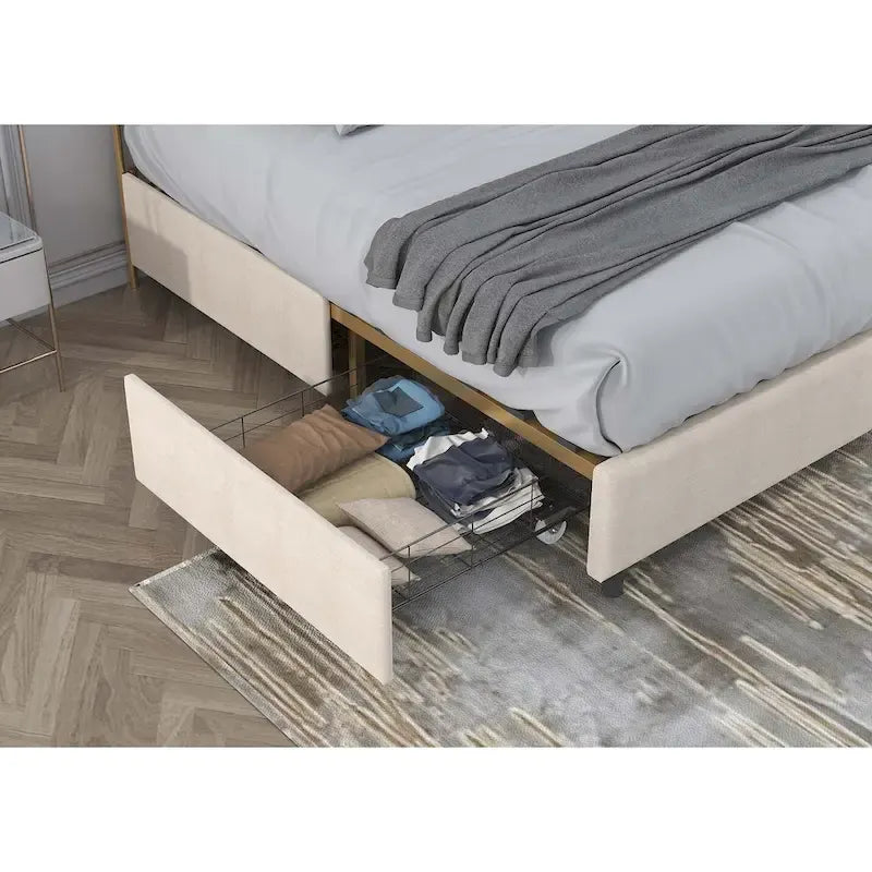 Elegante Letto con Piattaforma, Schienale a Forma di Fibbia, Con Quattro Cassetti Contenitori