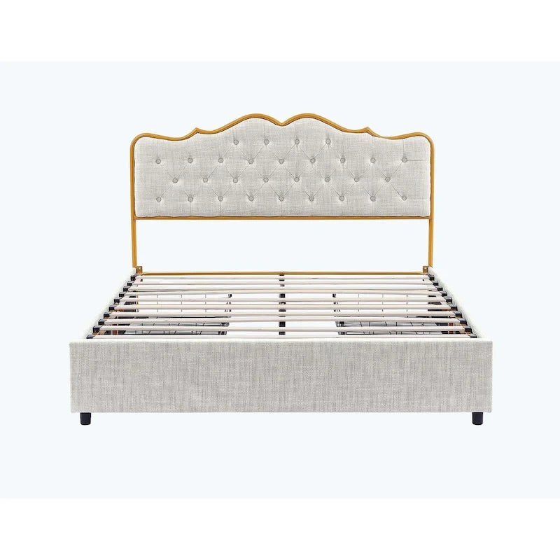 Elegante Letto con Piattaforma, Schienale a Forma di Fibbia, Con Quattro Cassetti Contenitori
