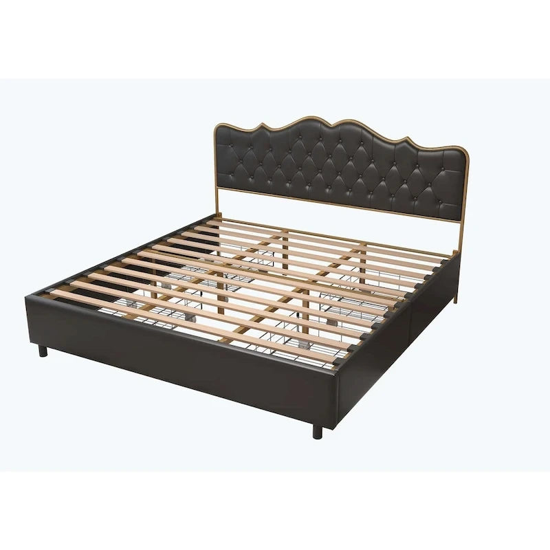 Elegante Letto con Piattaforma, Schienale a Forma di Fibbia, Con Quattro Cassetti Contenitori