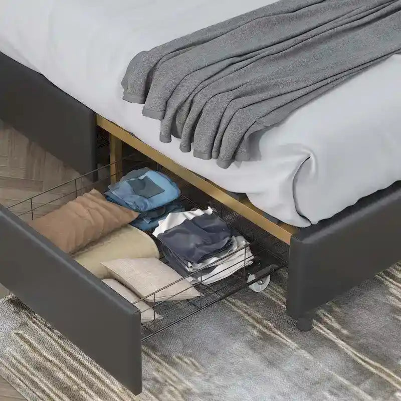 Elegante Letto con Piattaforma, Schienale a Forma di Fibbia, Con Quattro Cassetti Contenitori