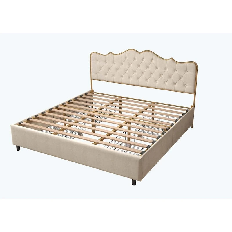 Elegante Letto con Piattaforma, Schienale a Forma di Fibbia, Con Quattro Cassetti Contenitori