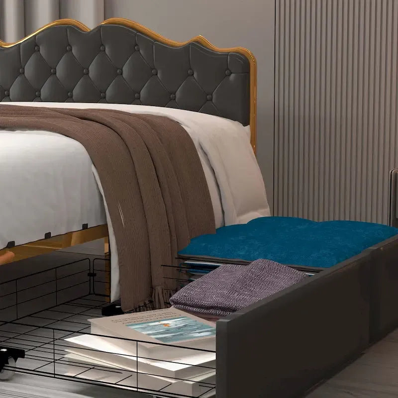 Elegante Letto con Piattaforma, Schienale a Forma di Fibbia, Con Quattro Cassetti Contenitori