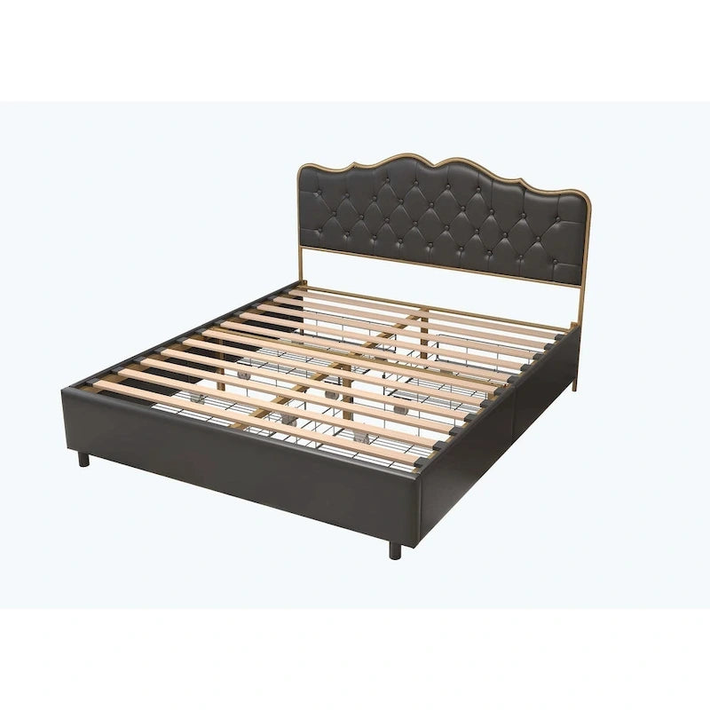 Elegante Letto con Piattaforma, Schienale a Forma di Fibbia, Con Quattro Cassetti Contenitori