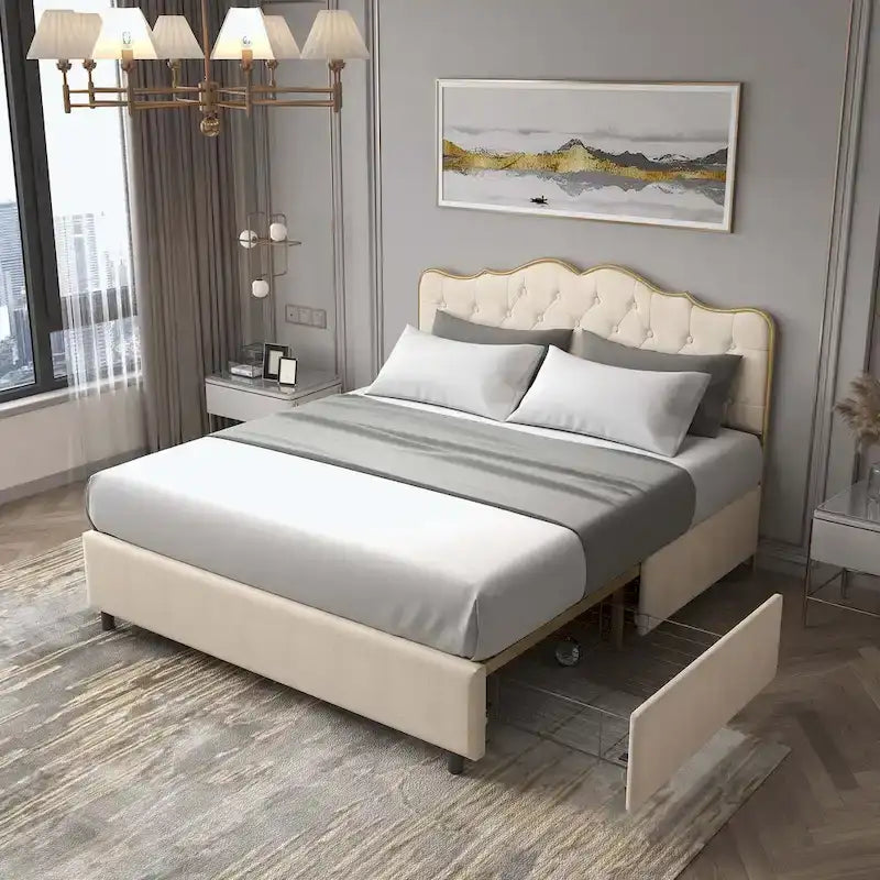 Elegante Letto con Piattaforma, Schienale a Forma di Fibbia, Con Quattro Cassetti Contenitori