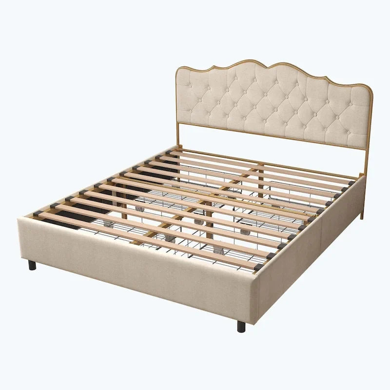 Elegante Letto con Piattaforma, Schienale a Forma di Fibbia, Con Quattro Cassetti Contenitori
