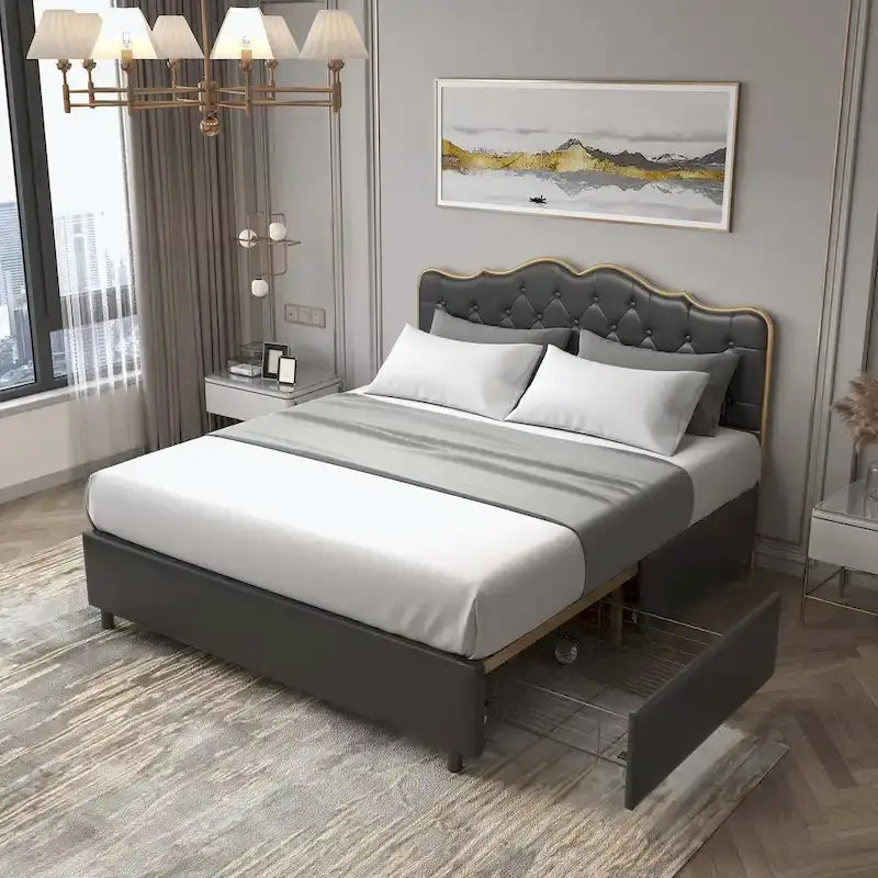 Elegante Letto con Piattaforma, Schienale a Forma di Fibbia, Con Quattro Cassetti Contenitori