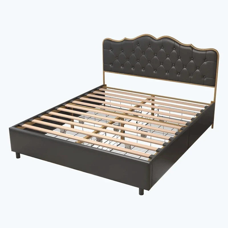 Elegante Letto con Piattaforma, Schienale a Forma di Fibbia, Con Quattro Cassetti Contenitori