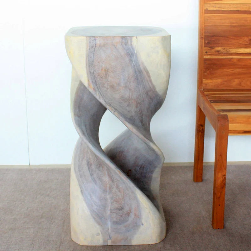 Tavolino/Sgabello d'appoggio Doppio Intreccio in Legno Massello 35,5 cm L x 76 cm H Olio Grigio