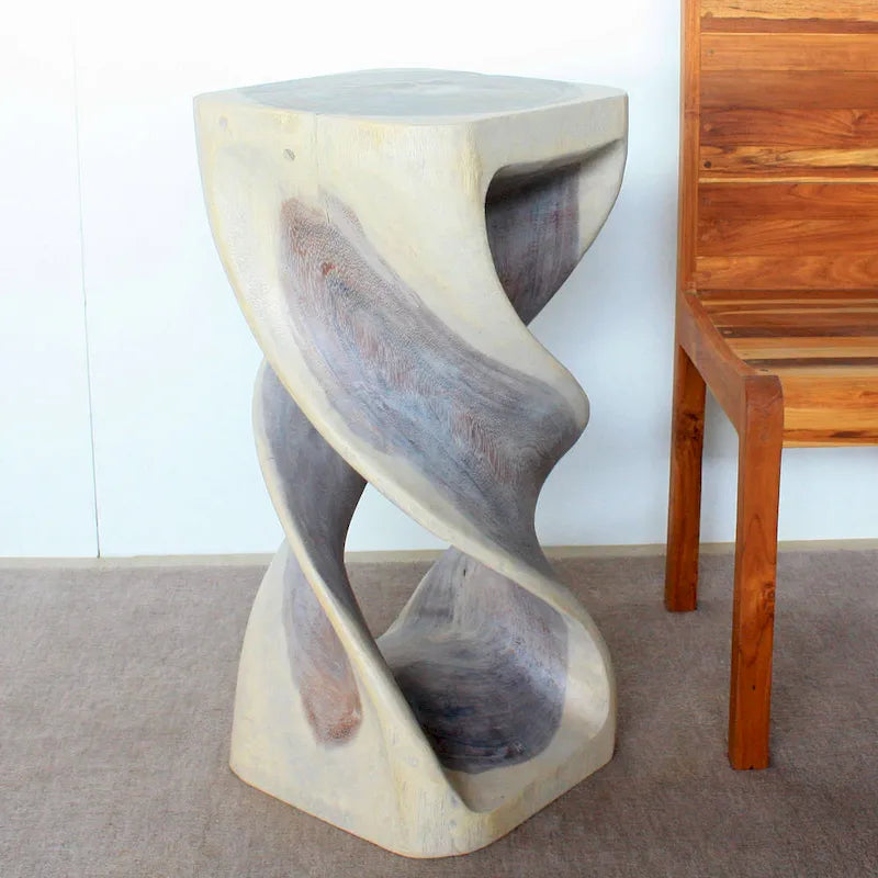 Tavolino/Sgabello d'appoggio Doppio Intreccio in Legno Massello 35,5 cm L x 76 cm H Olio Grigio