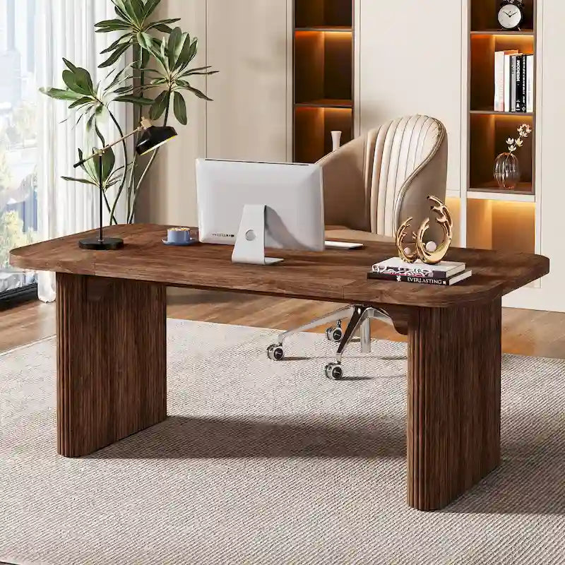 Scrivania direzionale moderna da 62,99 W, semplice scrivania per computer con piano e gambe in legno multistrato
