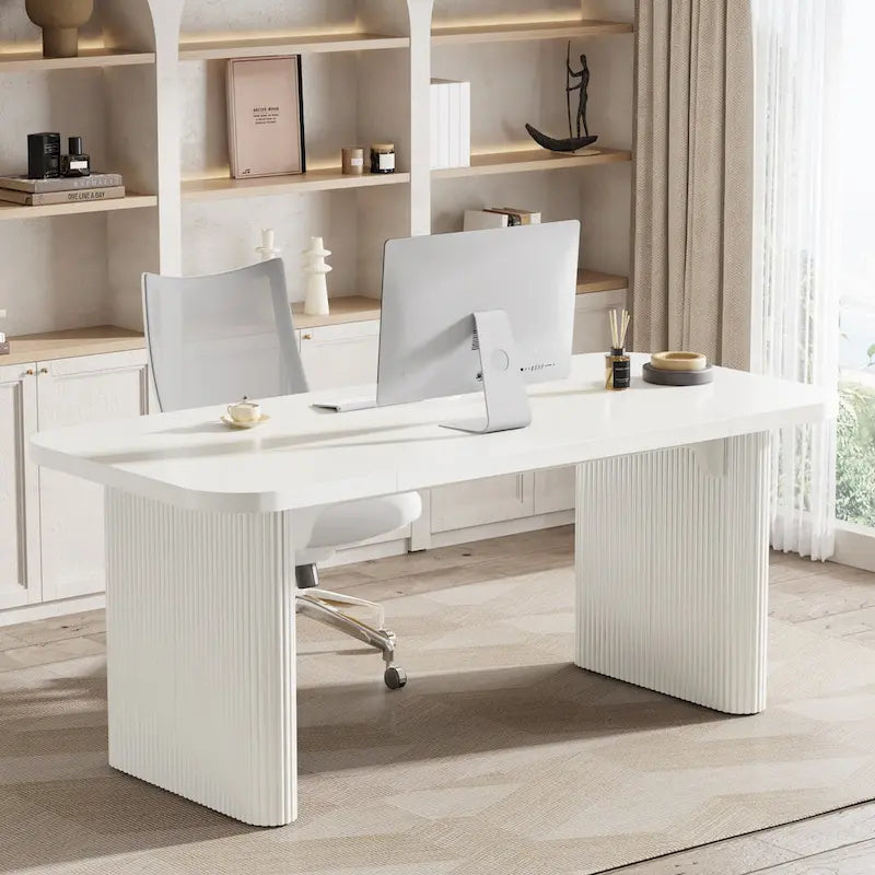 Scrivania direzionale moderna da 62,99 W, semplice scrivania per computer con piano e gambe in legno multistrato