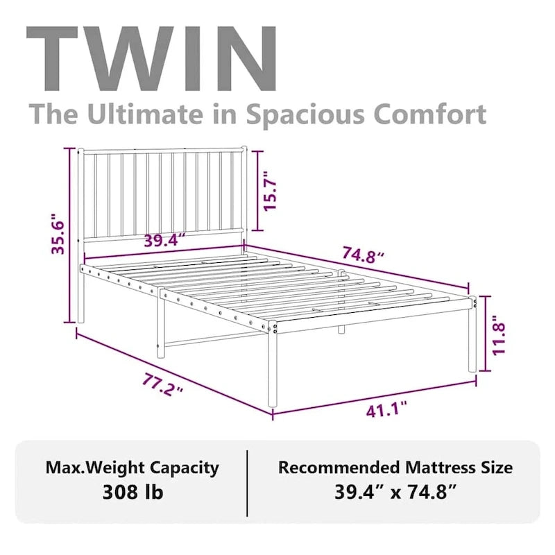 Telaio letto in acciaio verniciato a polvere con doghe rinforzate 81,5x41,1x35,6