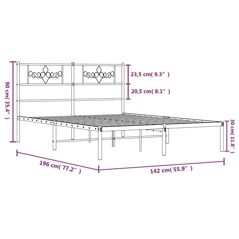 Struttura letto matrimoniale in metallo bianco con testiera - Senza materasso, 77.2x55.9x35.4 pollici