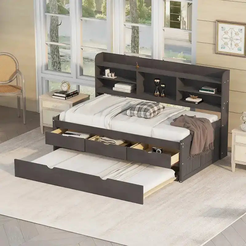 Letto a una piazza singolo con cassetti in legno