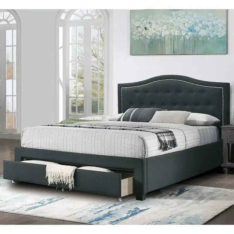 Letto King size orientale completamente imbottito con 1 cassetto sotto il letto