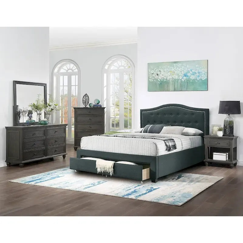 Letto King size orientale completamente imbottito con 1 cassetto sotto il letto