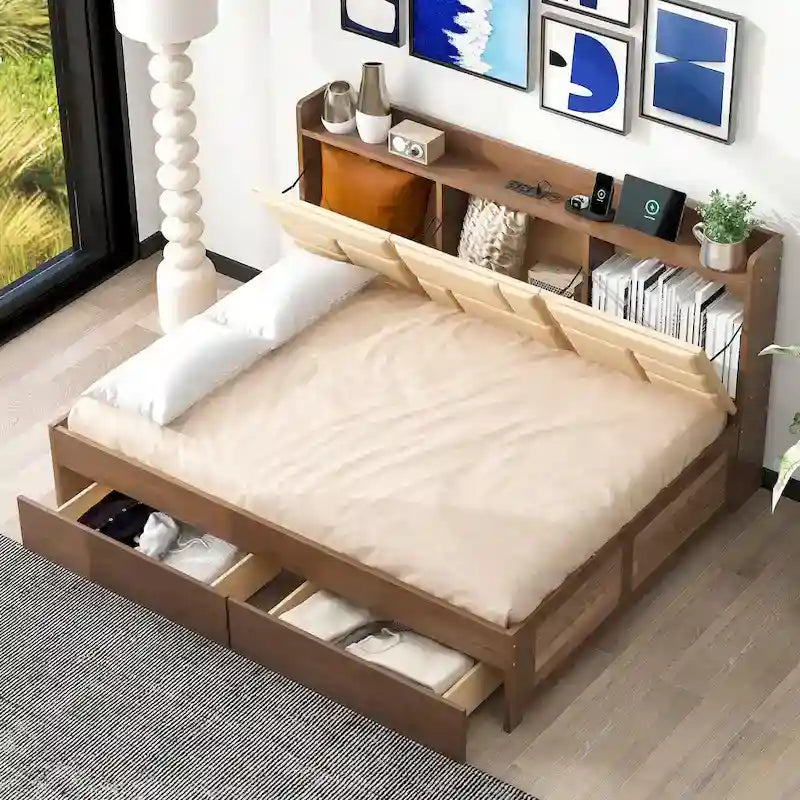 Divano letto in legno a grandezza naturale con porte USB e cassetti