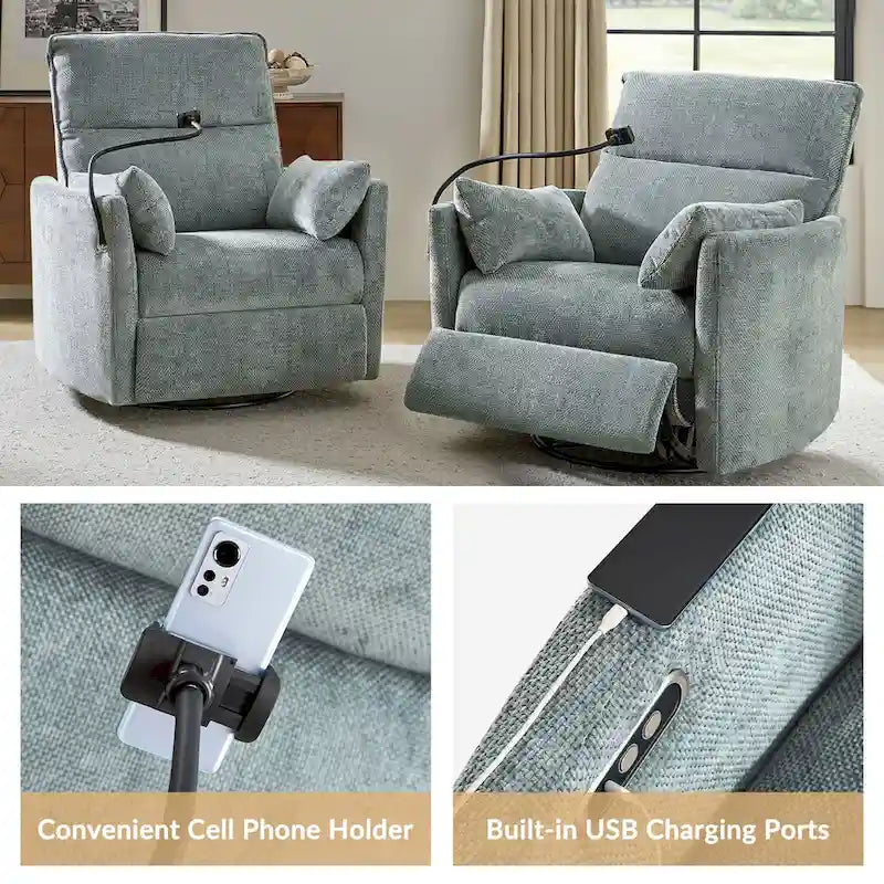 Poltrona reclinabile girevole dondolante Power Rocking per cameretta con porte USB e supporto telefono 38.5"W