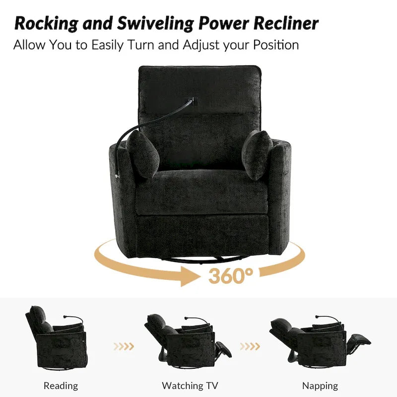 Poltrona reclinabile girevole dondolante Power Rocking per cameretta con porte USB e supporto telefono 38.5"W