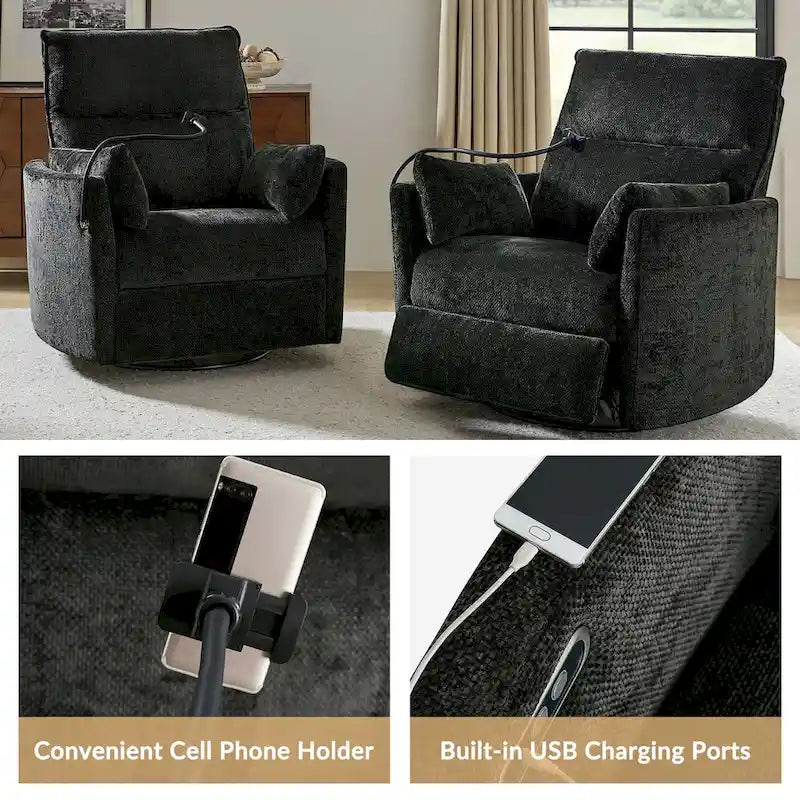 Poltrona reclinabile girevole dondolante Power Rocking per cameretta con porte USB e supporto telefono 38.5"W