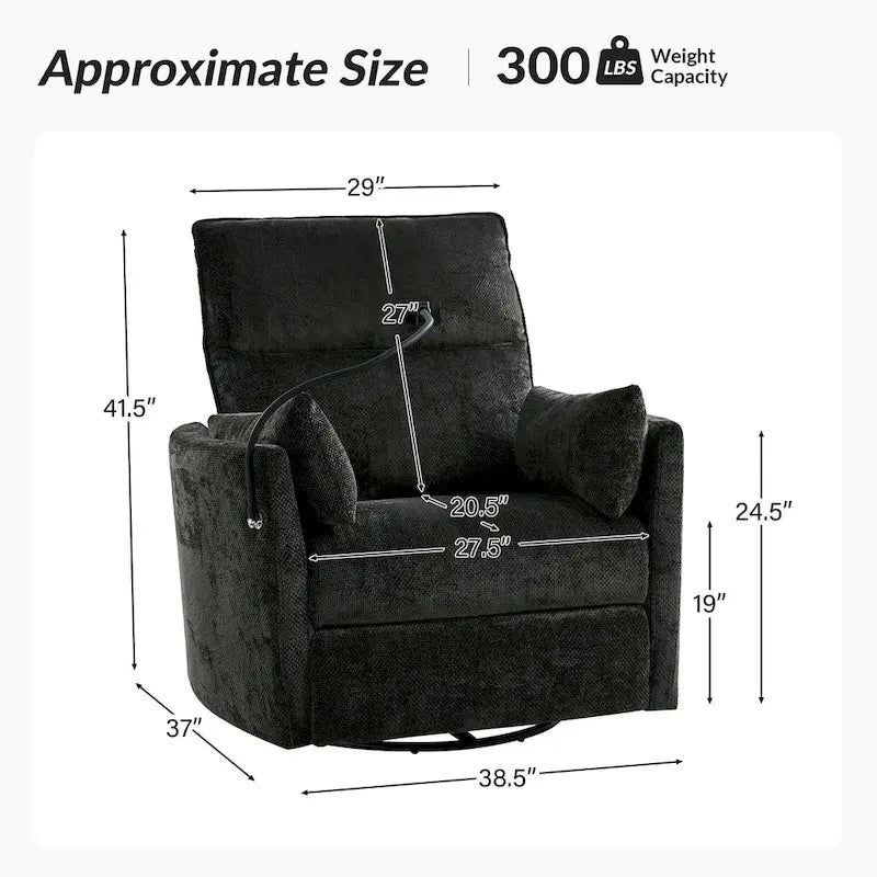Poltrona reclinabile girevole dondolante Power Rocking per cameretta con porte USB e supporto telefono 38.5"W