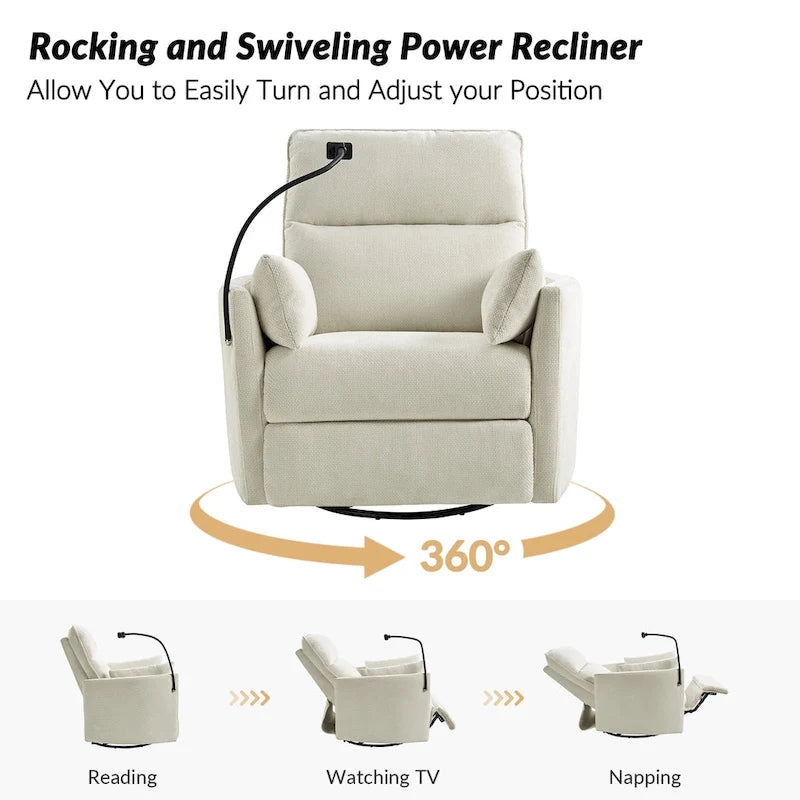 Poltrona reclinabile girevole dondolante Power Rocking per cameretta con porte USB e supporto telefono 38.5"W