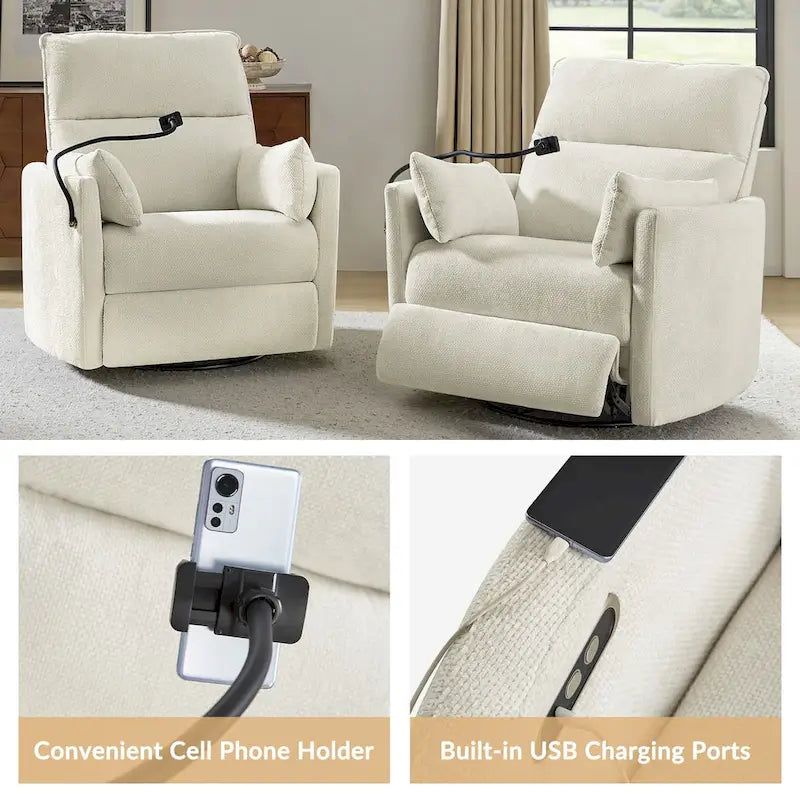 Poltrona reclinabile girevole dondolante Power Rocking per cameretta con porte USB e supporto telefono 38.5"W