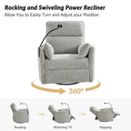 Poltrona reclinabile girevole dondolante Power Rocking per cameretta con porte USB e supporto telefono 38.5"W