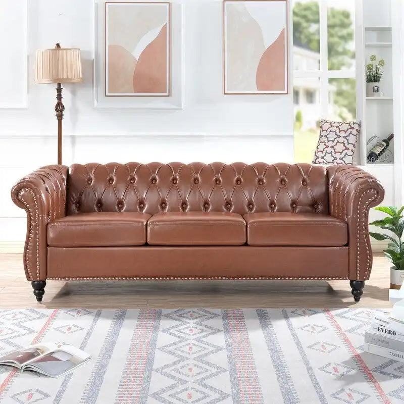 Divano Chesterfield a 3 posti con braccioli arrotolati in PU da 84,65".