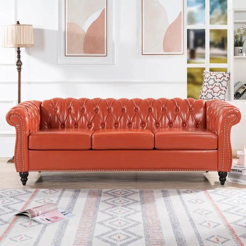 Divano Chesterfield a 3 posti con braccioli arrotolati in PU da 84,65".