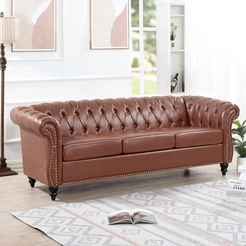 Divano Chesterfield a 3 posti con braccioli arrotolati in PU da 84,65".