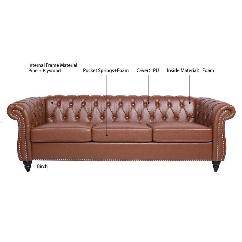 Divano Chesterfield a 3 posti con braccioli arrotolati in PU da 84,65".