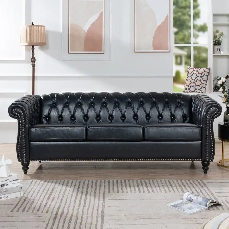 Divano Chesterfield a 3 posti con braccioli arrotolati in PU da 84,65".