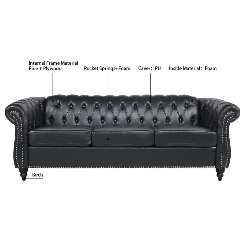 Divano Chesterfield a 3 posti con braccioli arrotolati in PU da 84,65".