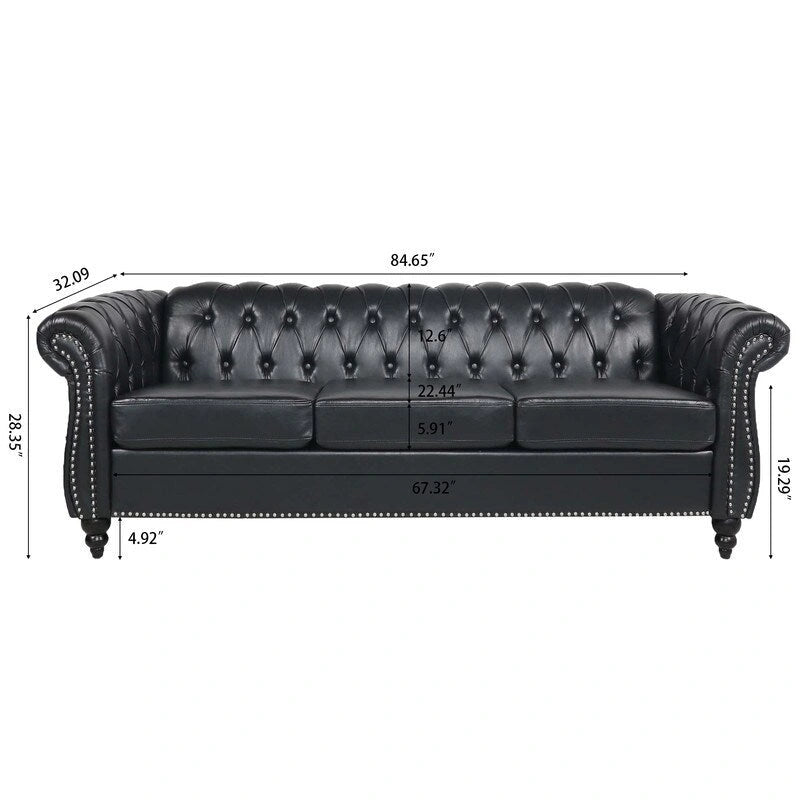 Divano Chesterfield a 3 posti con braccioli arrotolati in PU da 84,65".
